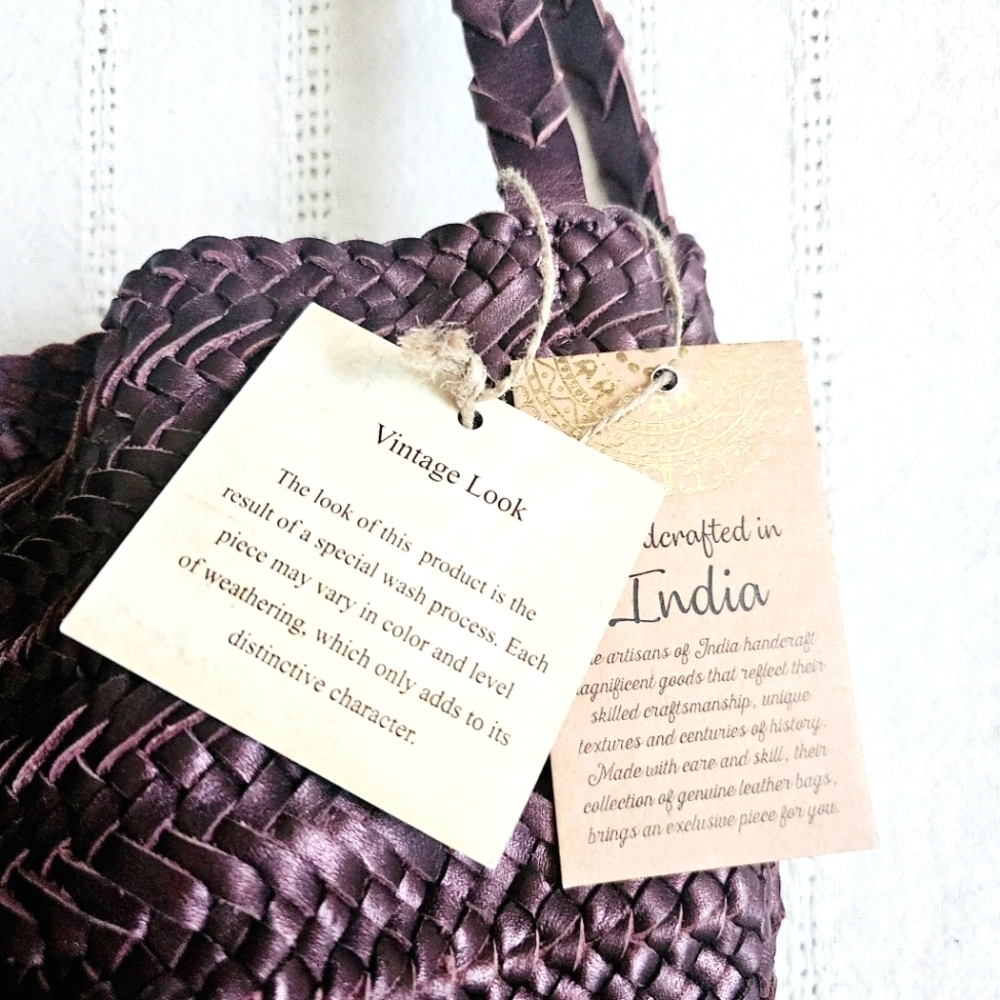 Handcrafted In India Braided Woven Leather Tote Bag Shoulder Purse Purple NWT - Picture 11 of 14